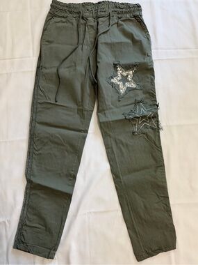 Venti6 Olive Green Drawstring Jogger Pants Sequin Star Patches Side Stripe EUC